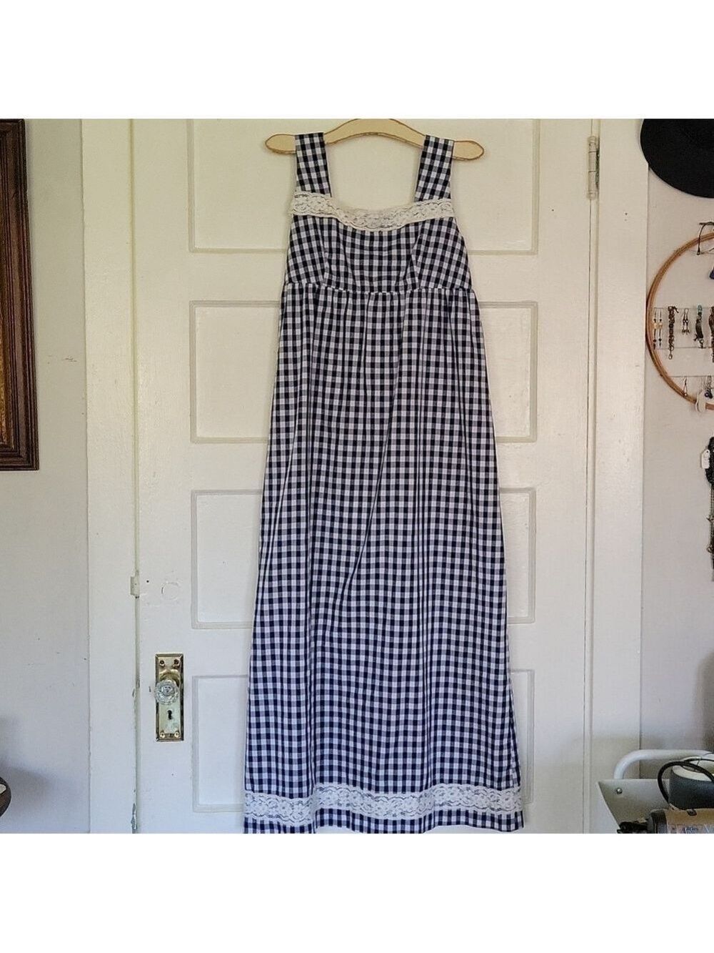 Vintage 70s Gingham Check Empire Waist Maxi Dress Prairie Maternity Style Sz 14